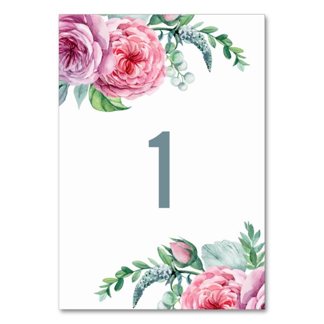Wasserfarben rosa boho blumengeschmückte Hochzeit. Tischnummer (Vorderseite)