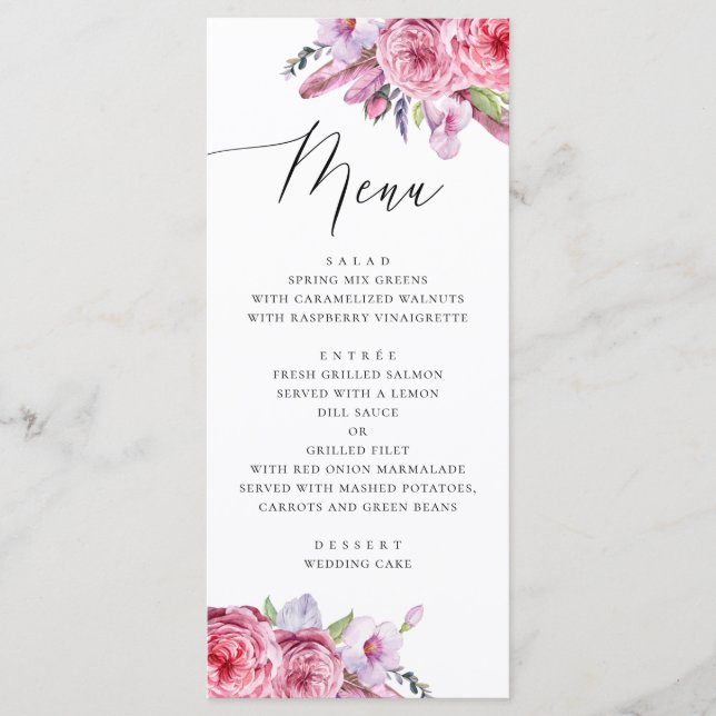 Wasserfarben rosa boho Blüten und Federn Hochzeit Menükarte (Vorderseite)