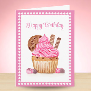 Wasserfarben-Rosa-Cupcake mit Schokoladen-Geburtst Karte