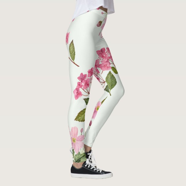 Wasserfarben-Rosa-Hydrangea und japanisches Anemon Leggings (Rechts)