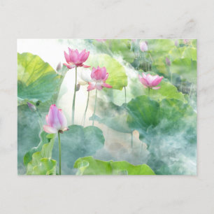 Wasserfarben rosa Lotusblumen mit Blättern Postkarte