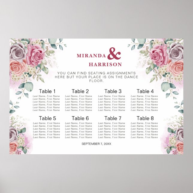 Wasserfarben-Rose Hochzeitstabelle Poster (Vorne)