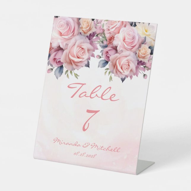 Wasserfarben-Rose Hochzeitszeichen Tischnummer Sockelschild (Vorderseite)