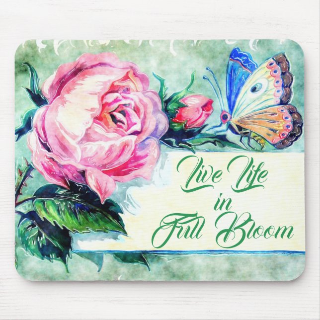 Wasserfarben-Rose und Schmetterling-Zitat Mousepad (Vorne)