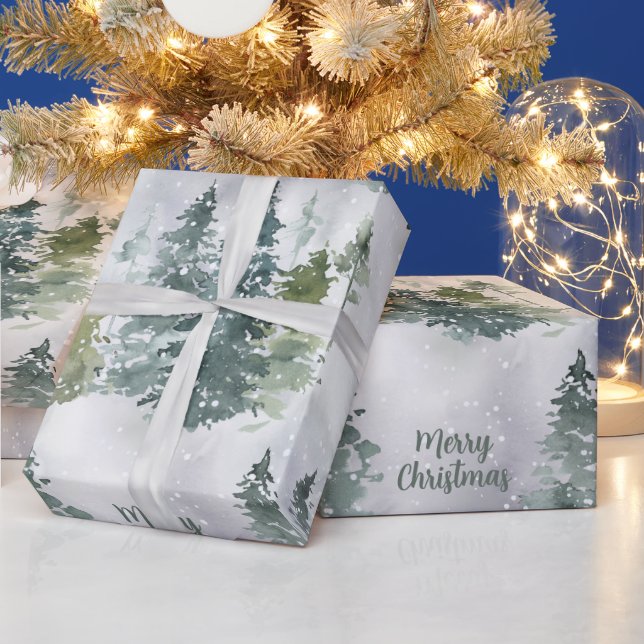 Wasserfarben Rustikale Pinienwälder Winterschnee W Geschenkpapier (Feiertage)