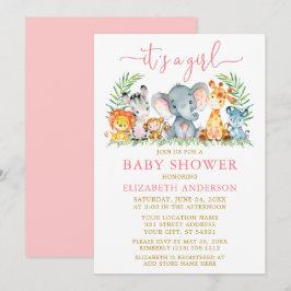 Wasserfarben Safari Tiere Girl Pink Script Dusche Einladung