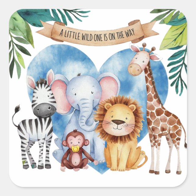 Wasserfarben Safari Tiere Kinderdusche Quadratischer Aufkleber (Vorderseite)