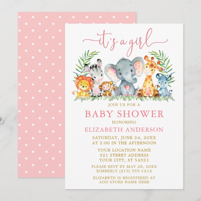 Wasserfarben Safari Tiere Pink Script Girl Dusche Einladung (Vorne/Hinten)