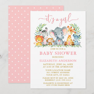 Wasserfarben Safari Tiere Pink Script Girl Dusche Einladung
