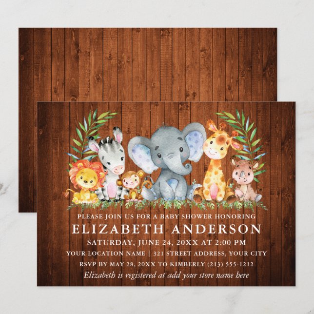 Wasserfarben Safari Tiere Wood Baby Dusche Einladung (Vorne/Hinten)