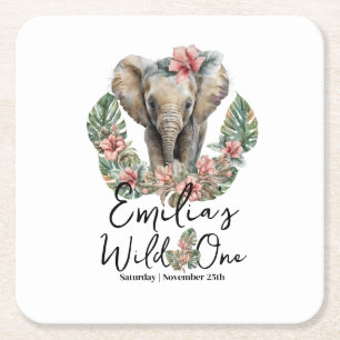 Wasserfarben-Safari-Wild-One-Baby-Elefant-Geburtst Rechteckiger Pappuntersetzer