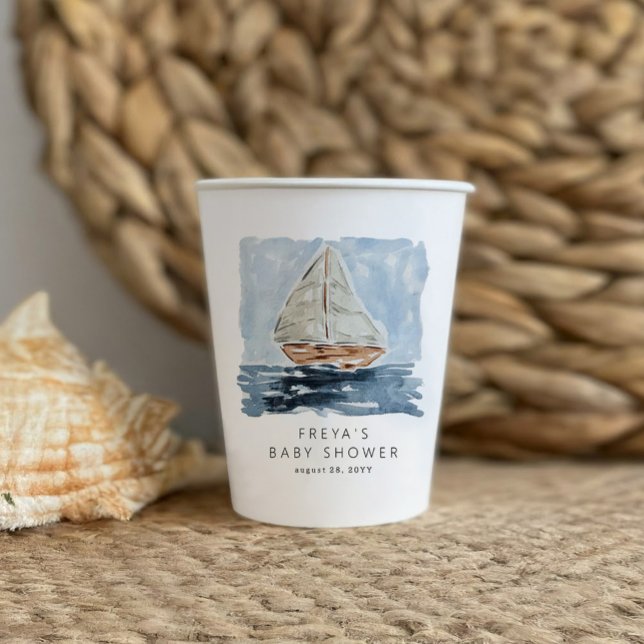 Wasserfarben Sailboat Babydusche nach Maß Pappbecher (Nautical watercolor sailboat modern baby shower party personalized paper cups.)
