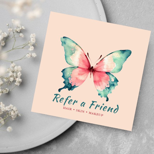Wasserfarben Schmetterling Elegantes Rosa Salon Empfehlungskarte (Von Creator hochgeladen)