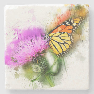 Wasserfarben-Schmetterling und Wildblume Steinuntersetzer