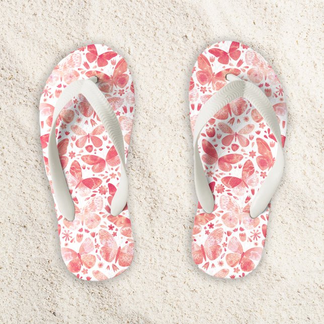 Wasserfarben Schmetterlingsmuster Korallenrosa Kinderbadesandalen (Cute coral pink butterfly watercolor pattern flip flops)