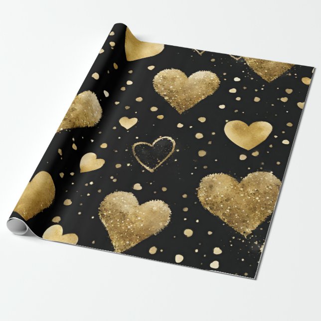 Wasserfarben Schwarz und Gold Tinte - Herz Geschenkpapier (Ungerollt)