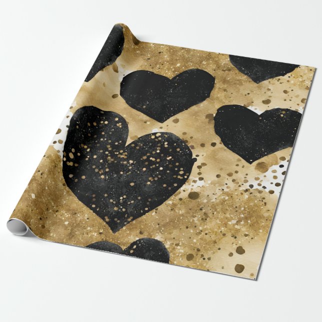 Wasserfarben Schwarz und Gold Tinte - Herz Geschenkpapier (Ungerollt)