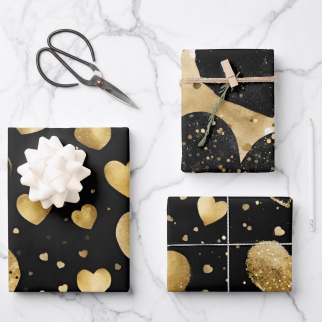 Wasserfarben Schwarz und Gold Tinte - Herz Geschenkpapier Set (Vorderseite)