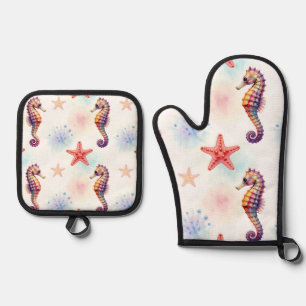 Wasserfarben-Seepferdchen-Seestern-Muster Ofenhandschuh & Topflappen-Set