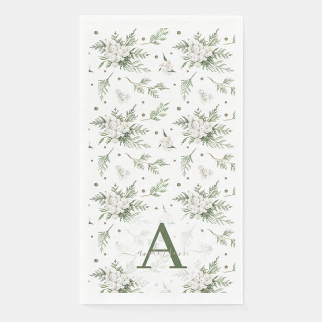 Wasserfarben Snowberry White Cedar Branch Weihnach Serviette (Vorderseite)