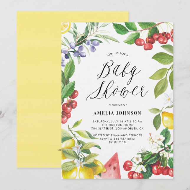 Wasserfarben Sommerfrüchte Blumenbaby Dusche Einladung (Vorne/Hinten)