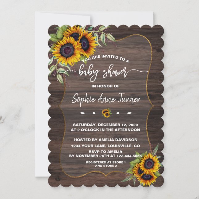 Wasserfarben Sonnenblume Holzhandschrift Babydusch Einladung (Vorderseite)