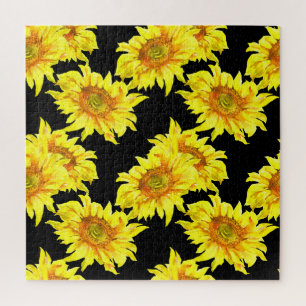 Wasserfarben-Sonnenblume Nahtloses Schwarz Muster