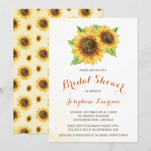 Wasserfarben Sonnenblumen Bridal Dusche Einladunge Einladung (Vorne/Hinten)