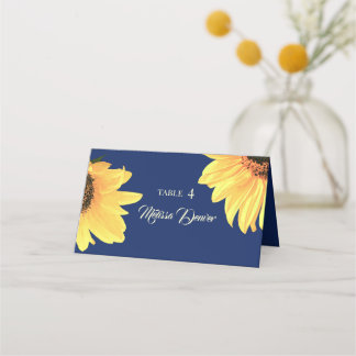 Wasserfarben-Sonnenblumen dunkelblaue Hochzeit Platzkarte