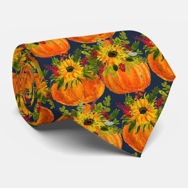 Wasserfarben Sonnenblumen Erntedank Pumpkins Fall Krawatte (Gerollt)