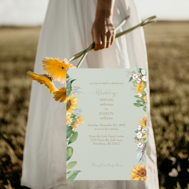 Wasserfarben Sonnenblumen Gold Text Sage Hochzeit Einladung (Von Creator hochgeladen)