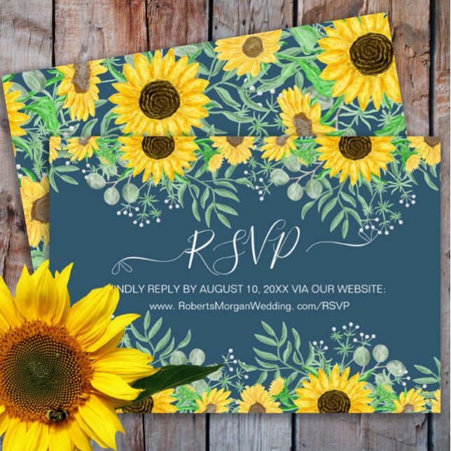 Wasserfarben Sonnenblumen Hochzeit Website Navy Bl RSVP Karte (Von Creator hochgeladen)