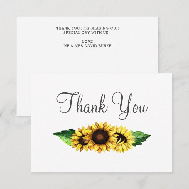 Wasserfarben Sonnenblumen Land Rustikale Hochzeit Dankeskarte (Vorne/Hinten)