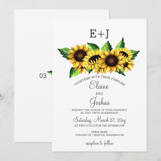 Wasserfarben Sonnenblumen Land Rustikale Hochzeit Einladung (Vorne/Hinten)