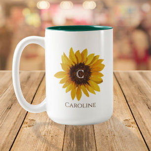 Wasserfarben-Sonnenblumen-Monogramm-Name Zweifarbige Tasse