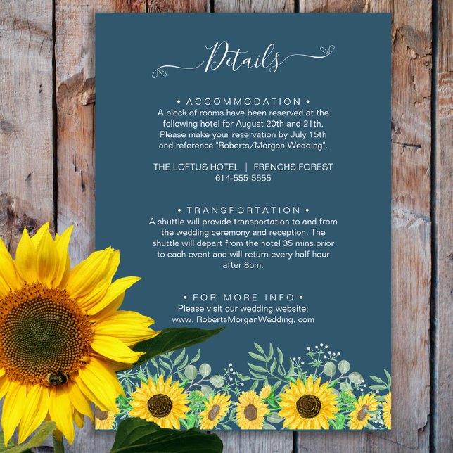 Wasserfarben Sonnenblumen Navy Blue Wedding Detail Begleitkarte (Von Creator hochgeladen)