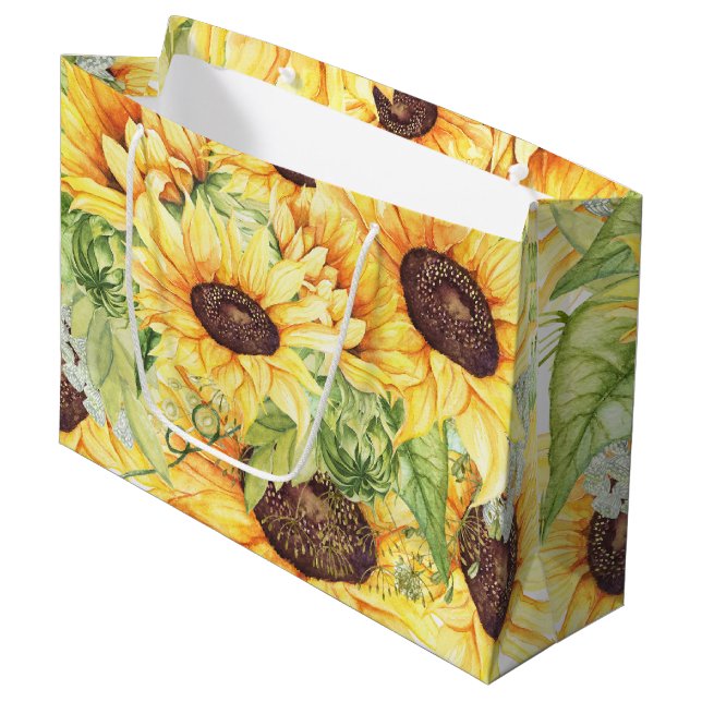 Wasserfarben Sonnenblumen und große Grünflächen Große Geschenktüte (Vorderseite Schrägansicht)