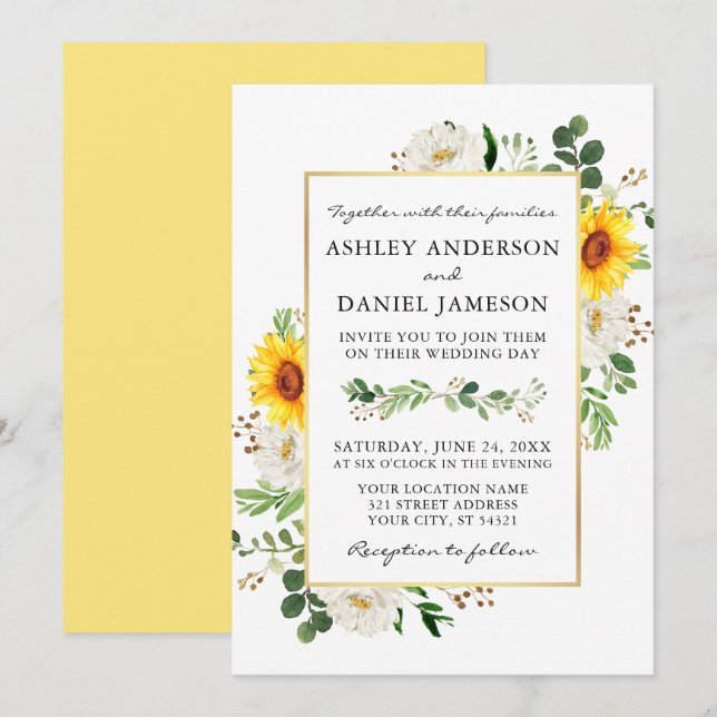 Wasserfarben Sonnenblumen Weiße Blütenhochzeit Einladung (Vorne/Hinten)