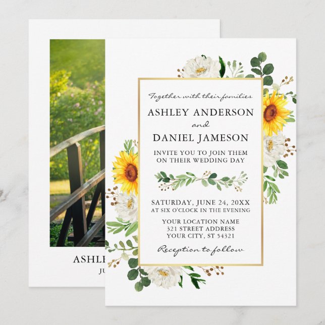 Wasserfarben Sonnenblumen Weißes Foto Hochzeit Einladung (Vorne/Hinten)