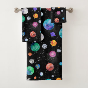 Wasserfarben-Sonnensystem Weltraumplaneten Galaxie Badhandtuch Set