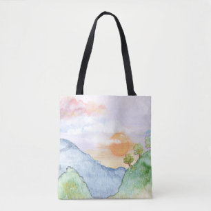 Wasserfarben-Sonnenuntergang über Bergen und Bäume Tasche