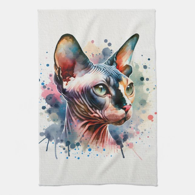Wasserfarben-Sphynx-Katze Künstliches Portrait Geschirrtuch (Vertikal)