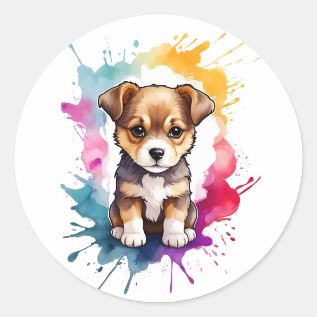 Wasserfarben-Splash Art Welpe Hund Spritzer Paint Runder Aufkleber (Vorderseite)