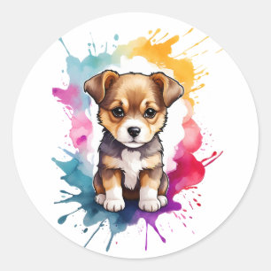 Wasserfarben-Splash Art Welpe Hund Spritzer Paint Runder Aufkleber
