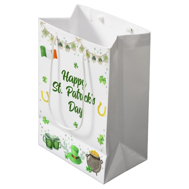 Wasserfarben St. Patricks Party Mittlere Geschenktüte (Vorderseite Schrägansicht)