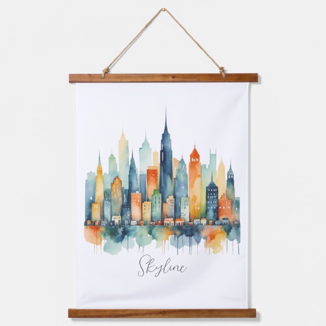 Wasserfarben Stadt Skyline Modernes Stadtbild Wandteppich Mit Holzrahmen (Vorderseite)