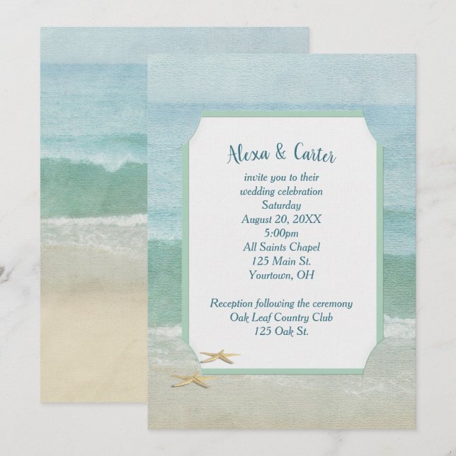 Wasserfarben Strand Hochzeit und Starfish Einladung (Vorne/Hinten)
