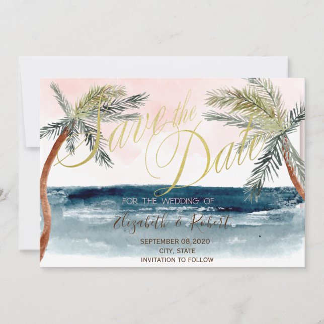 Wasserfarben Strand Hochzeitspalmen Save the Date (Vorderseite)