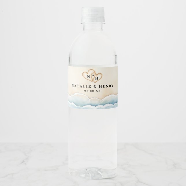 Wasserfarben-Strand Hochzeitwasser-Flaschenetikett (Vorderseite)