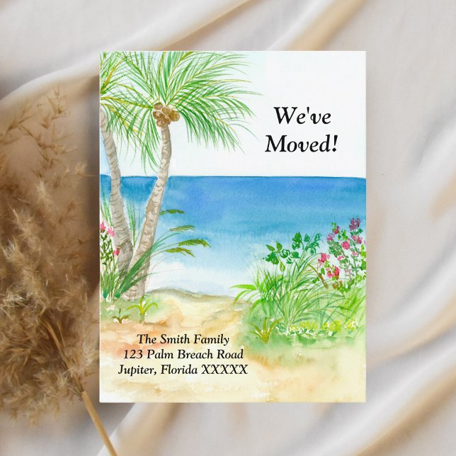 Wasserfarben Strand tropisch wir verschoben haben Ankündigungspostkarte (Transport friends to your tropical paradise with our Watercolor Beach postcard. )